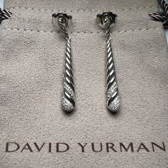 DAVID YURMAN DIAMOND And Sterling Drop Cable Earrings - Picture 2 of 9